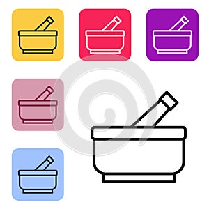 Black line Mortar and pestle icon isolated on white background. Set icons in color square buttons. Vector