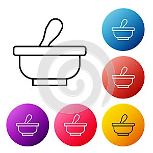 Black line Mortar and pestle icon isolated on white background. Set icons colorful circle buttons. Vector