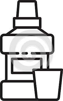 Black line Mouthwash plastic bottle and glass icon isolated on white background. Liquid for rinsing mouth. Oralcare