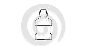 Black line Mouthwash plastic bottle icon isolated on white background. Liquid for rinsing mouth. Oralcare equipment. 4K