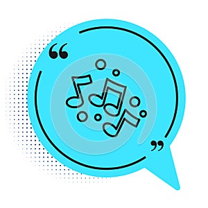 Black line Music note, tone icon isolated on white background. Blue speech bubble symbol. Vector