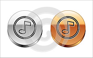 Black line Music note, tone icon isolated on white background. Silver-gold circle button. Vector