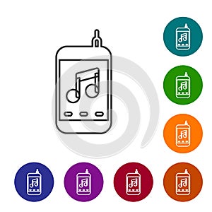 Black line Music player icon isolated on white background. Portable music device. Set icons in color circle buttons