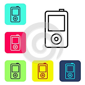 Black line Music player icon isolated on white background. Portable music device. Set icons in color square buttons