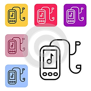 Black line Music player icon isolated on white background. Portable music device. Set icons in color square buttons