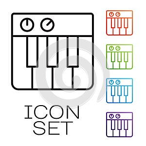Black line Music synthesizer icon isolated on white background. Electronic piano. Set icons colorful. Vector