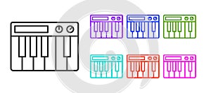 Black line Music synthesizer icon isolated on white background. Electronic piano. Set icons colorful. Vector