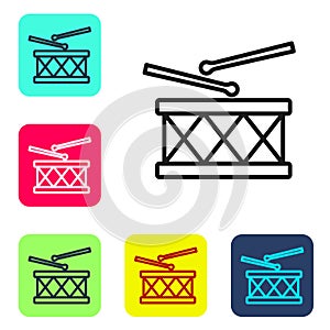 Black line Musical instrument drum and drum sticks icon isolated on white background. Set icons in color square buttons