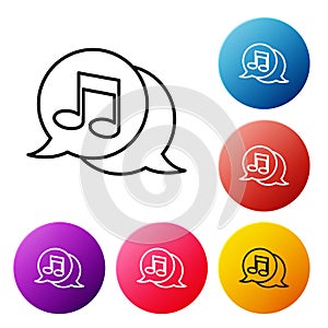 Black line Musical note in speech bubble icon isolated on white background. Music and sound concept. Set icons colorful