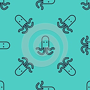 Black line Octopus icon isolated seamless pattern on green background. Vector