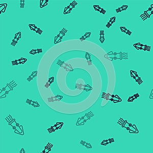 Black line Octopus icon isolated seamless pattern on green background. Vector.