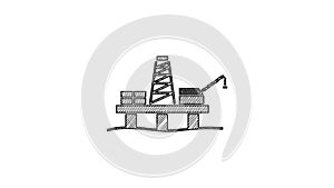 Black line Oil platform in the sea icon isolated on white background. Drilling rig at sea. Oil platform, gas fuel