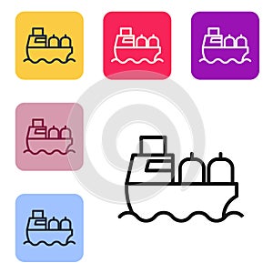 Black line Oil tanker ship icon isolated on white background. Set icons in color square buttons. Vector