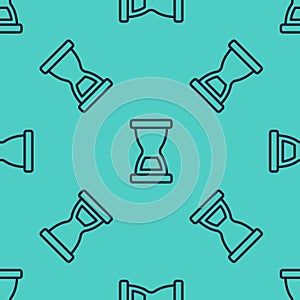 Black line Old hourglass with flowing sand icon isolated seamless pattern on green background. Sand clock sign. Business