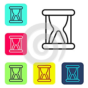 Black line Old hourglass with flowing sand icon isolated on white background. Sand clock sign. Business and time