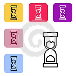 Black line Old hourglass with flowing sand icon isolated on white background. Sand clock sign. Business and time