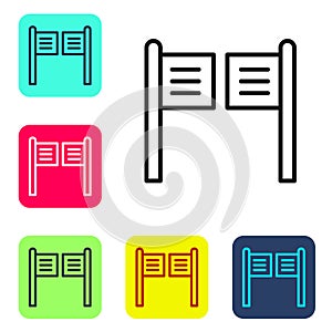 Black line Old western swinging saloon door icon isolated on white background. Set icons in color square buttons. Vector