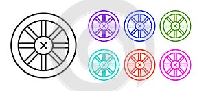 Black line Old wooden wheel icon isolated on white background. Set icons colorful. Vector