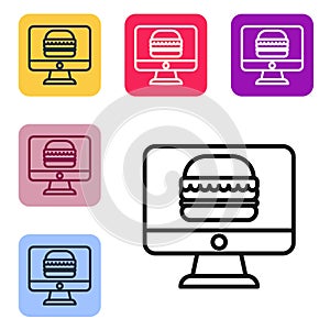 Black line Online ordering and fast food delivery icon isolated on white background. Set icons in color square buttons