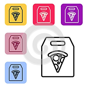 Black line Online ordering and fast pizza delivery icon isolated on white background. Set icons in color square buttons