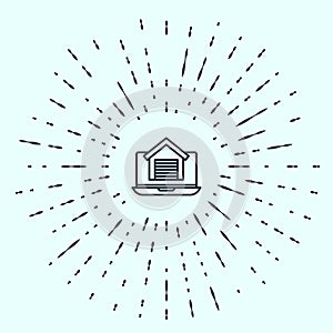 Black line Online real estate house on laptop icon isolated on grey background. Home loan concept, rent, buy, buying a