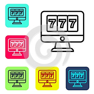 Black line Online slot machine with lucky sevens jackpot icon isolated on white background. Online casino. Set icons in
