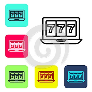 Black line Online slot machine with lucky sevens jackpot icon isolated on white background. Online casino. Set icons in