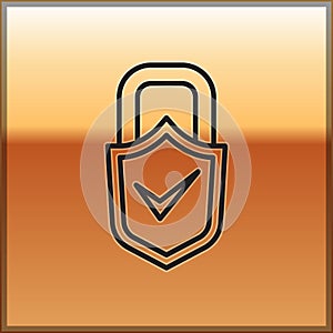 Black line Open padlock and check mark icon isolated on gold background. Cyber security concept. Digital data protection