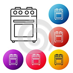 Black line Oven icon isolated on white background. Stove gas oven sign. Set icons colorful circle buttons. Vector