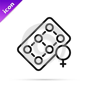 Black line Packaging of birth control pills icon isolated on white background. Contraceptive pill. Vector