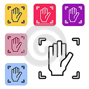 Black line Palm print recognition icon isolated on white background. Biometric hand scan. Fingerprint identification