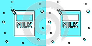 Black line Paper package for milk icon isolated on green and white background. Milk packet sign. Random dynamic shapes