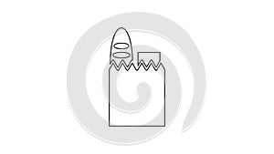 Black line Paper shopping bag and food icon isolated on white background. Food store, supermarket. 4K Video motion