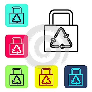 Black line Paper shopping bag with recycle icon isolated on white background. Bag with recycling symbol. Set icons in