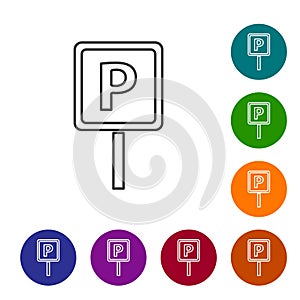 Black line Parking icon isolated on white background. Street road sign. Set icons in color circle buttons. Vector