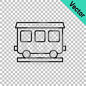 Black line Passenger train cars icon isolated on transparent background. Railway carriage. Vector