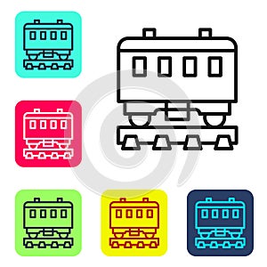 Black line Passenger train cars icon isolated on white background. Railway carriage. Set icons in color square buttons