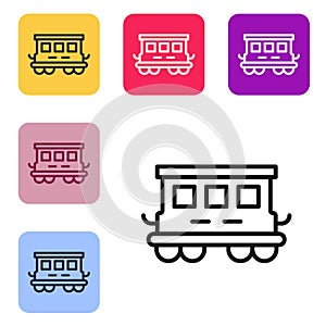 Black line Passenger train cars toy icon isolated on white background. Railway carriage. Set icons in color square
