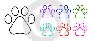 Black line Paw print icon isolated on white background. Dog or cat paw print. Animal track. Set icons colorful. Vector