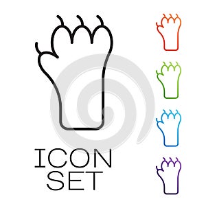 Black line Paw print icon isolated on white background. Dog or cat paw print. Animal track. Set icons colorful. Vector