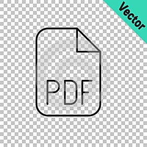 Black line PDF file document. Download pdf button icon isolated on transparent background. PDF file symbol. Vector