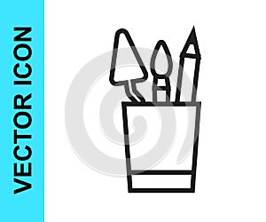 Black line Pencil case stationery icon isolated on white background. Pencil, pen, ruler in a glass for office. Vector