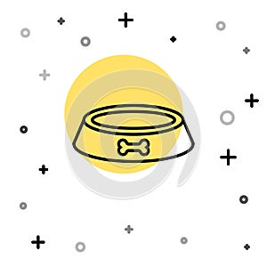 Black line Pet food bowl for cat or dog icon isolated on white background. Dog bone sign. Random dynamic shapes. Vector