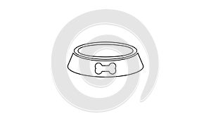 Black line Pet food bowl for cat or dog icon isolated on white background. Dog bone sign. 4K Video motion graphic