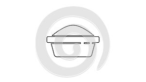 Black line Pet food bowl for cat or dog icon isolated on white background. Dog or cat paw print. 4K Video motion graphic