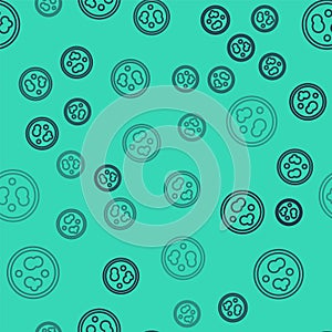 Black line Petri dish with bacteria icon isolated seamless pattern on green background. Vector