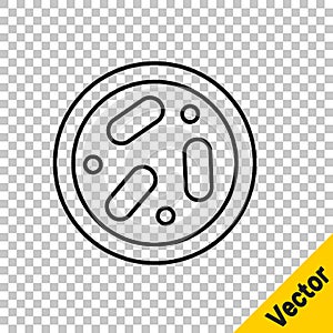 Black line Petri dish with bacteria icon isolated on transparent background. Vector