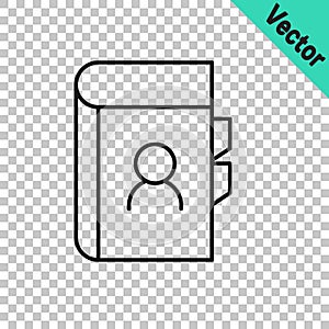 Black line Phone book icon isolated on transparent background. Address book. Telephone directory. Vector