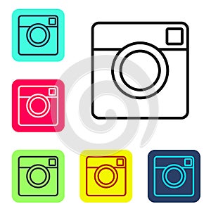 Black line Photo camera icon isolated on white background. Foto camera. Digital photography. Set icons in color square