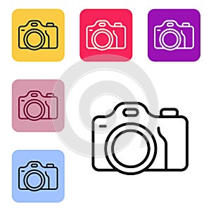 Black line Photo camera icon isolated on white background. Foto camera. Digital photography. Set icons in color square